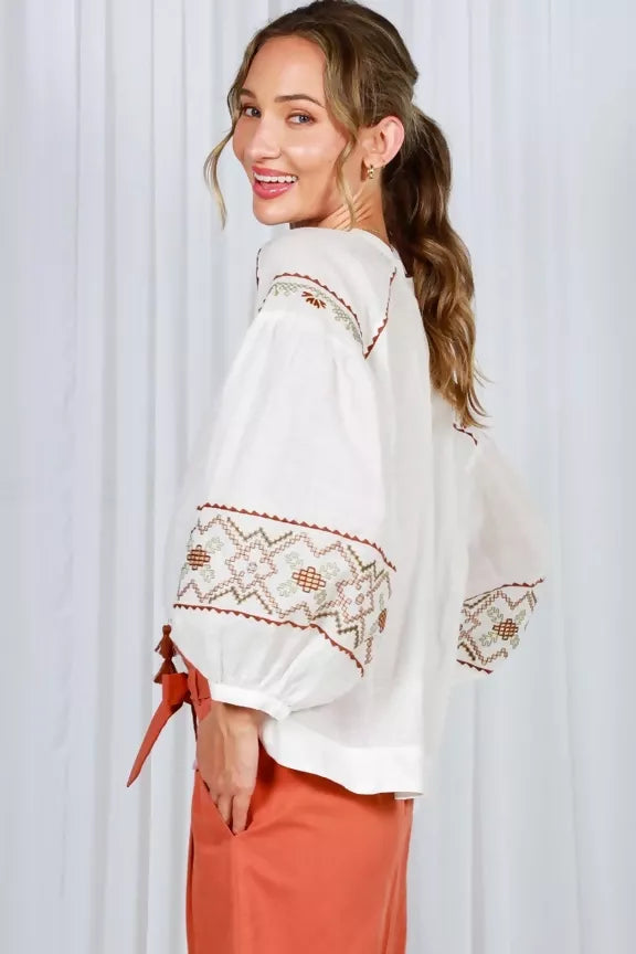 Bohemian Embroidered Split Neck Cotton Blouse Top