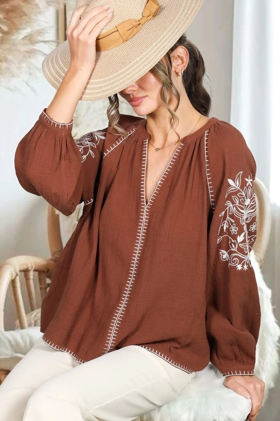Floral Embroidered V-Neck 100%Cotton Gauze Blouse