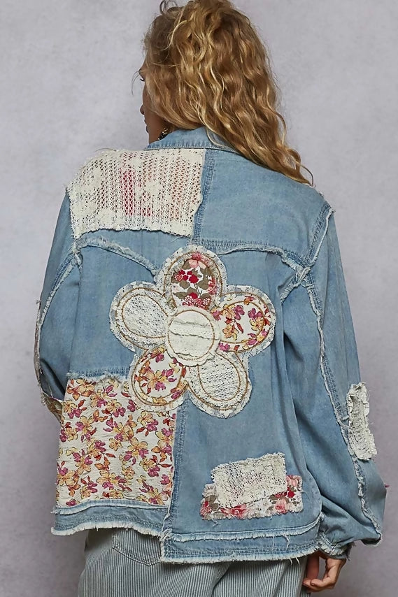 Oversized Long Sleeve Patches Detail Denim Jacket