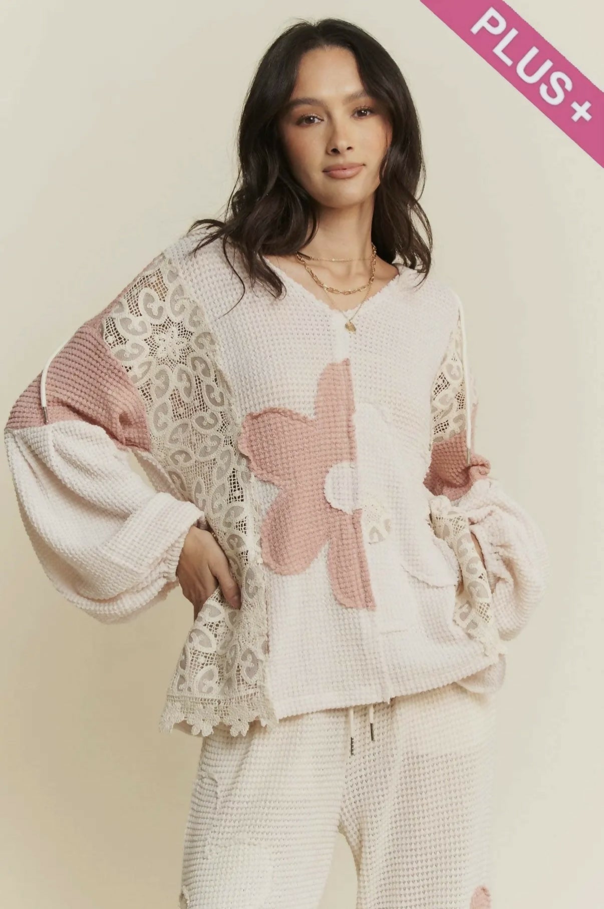 Plus Hoodie Oversized Knit Top with Flower Patch