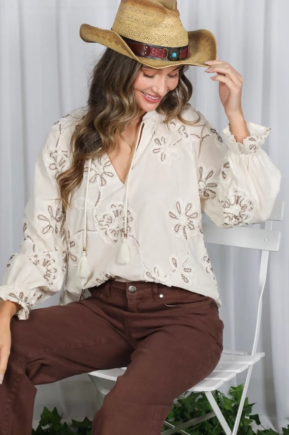 3D Floral Embroidered 100% Cotton Elegant Blouse VT83071