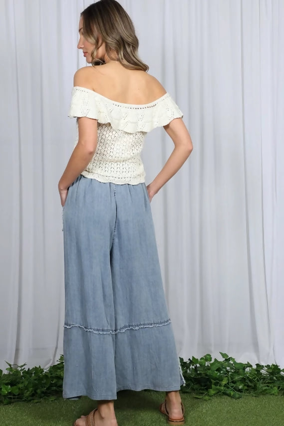 Washed Denim Wide Leg Elastic Band Crop Pants VP83027