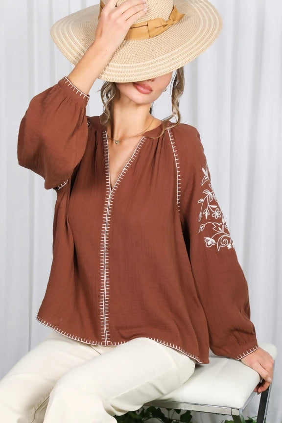 Floral Embroidered V-Neck 100%Cotton Gauze Blouse