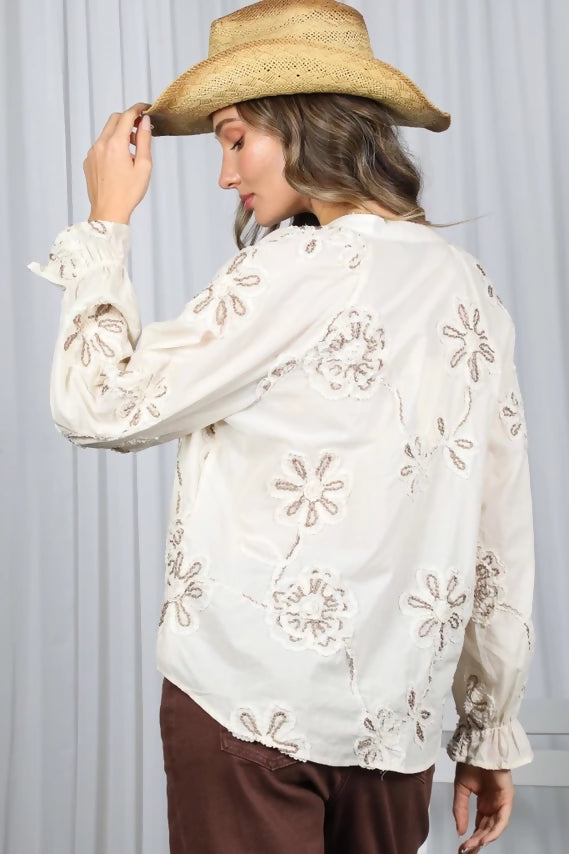 3D Floral Embroidered 100% Cotton Elegant Blouse VT83071