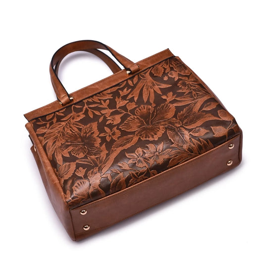 Salome 3D Embossed Floral Satchel - COGNAC