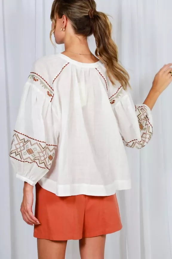 Bohemian Embroidered Split Neck Cotton Blouse Top