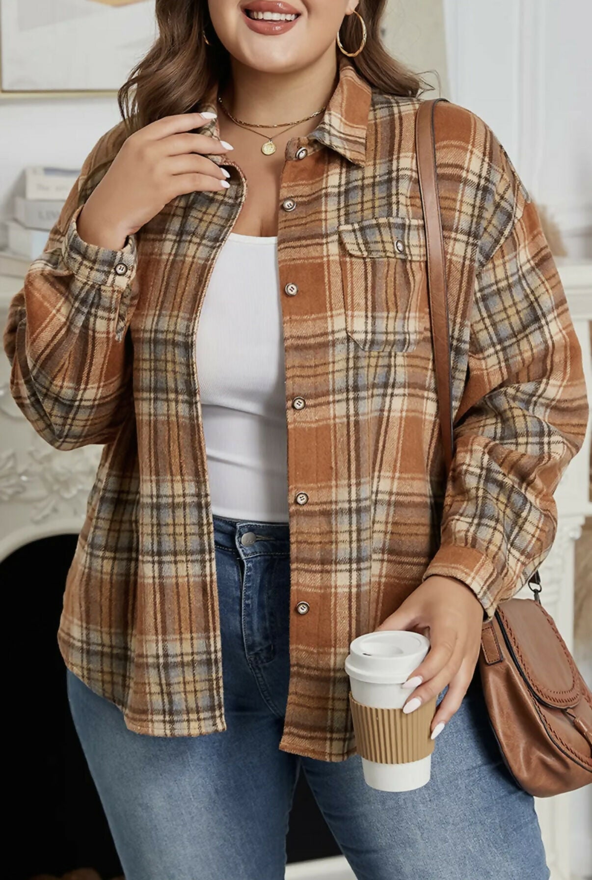 Brown Plaid Print Flap Pocket Buttoned Plus Size Shacket
