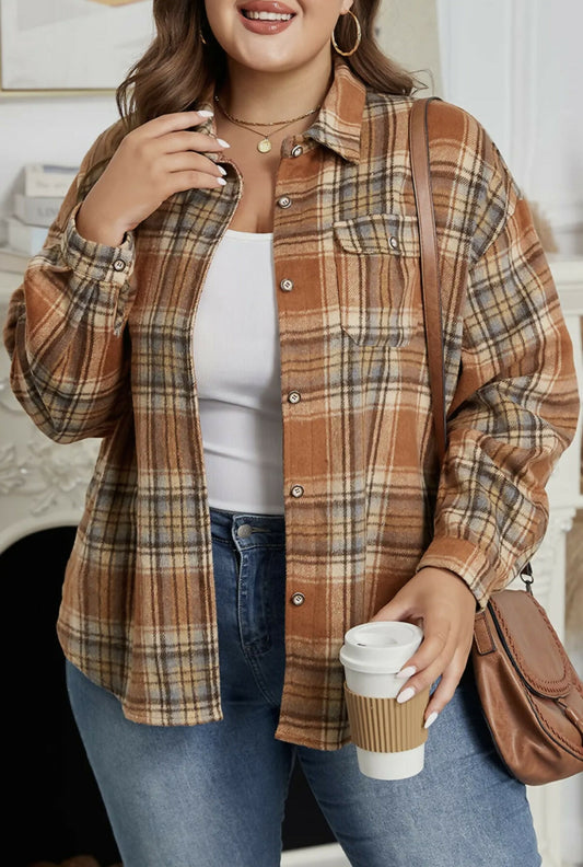 Brown Plaid Print Flap Pocket Buttoned Plus Size Shacket