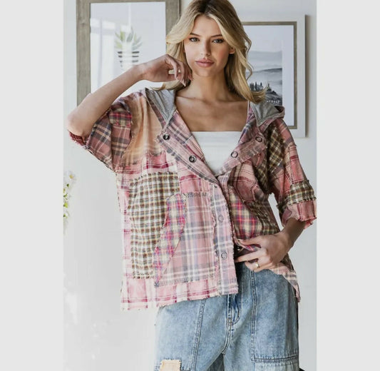 WASHED PLAID MIX BUTTON DOWN HOODIE TOP