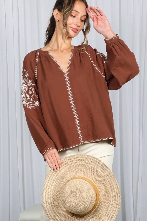 Floral Embroidered V-Neck 100%Cotton Gauze Blouse