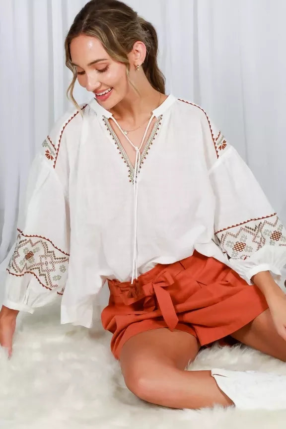 Bohemian Embroidered Split Neck Cotton Blouse Top
