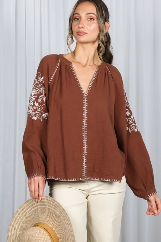 Floral Embroidered V-Neck 100%Cotton Gauze Blouse