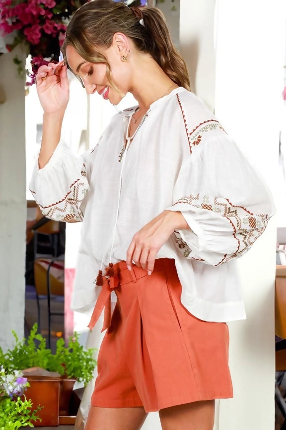 Bohemian Embroidered Split Neck Cotton Blouse Top