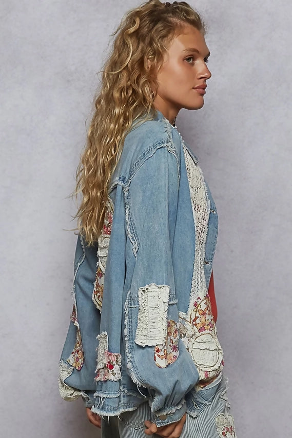 Oversized Long Sleeve Patches Detail Denim Jacket