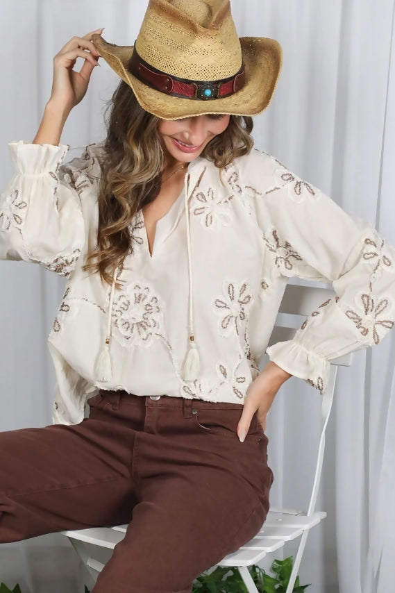 3D Floral Embroidered 100% Cotton Elegant Blouse VT83071