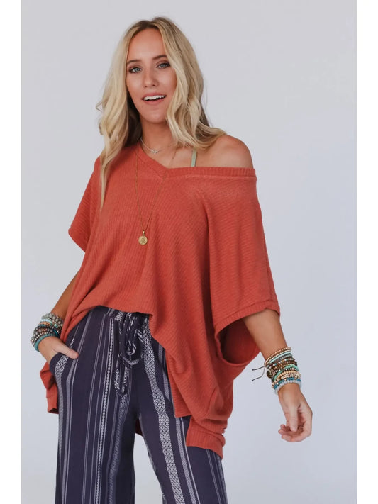 Rowan Oversized Ribbed Knit Top - Brick