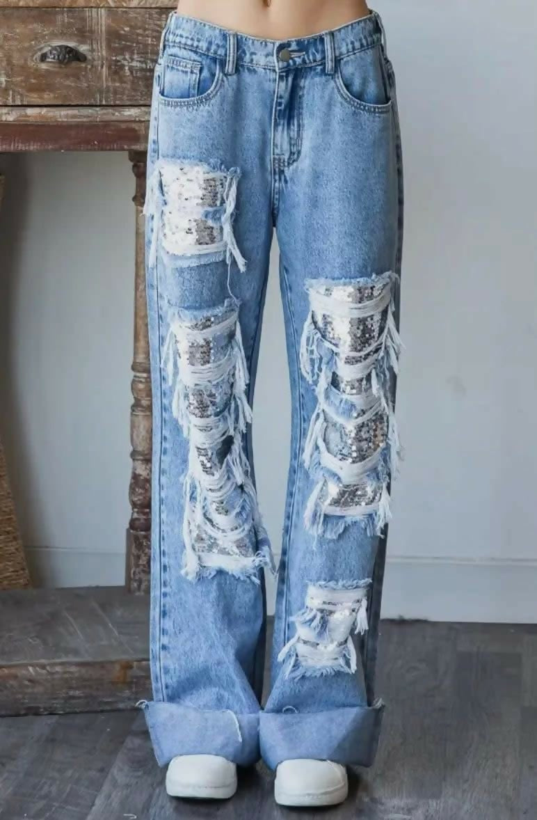 DISTRESSED DENIM WITH SEQUINS