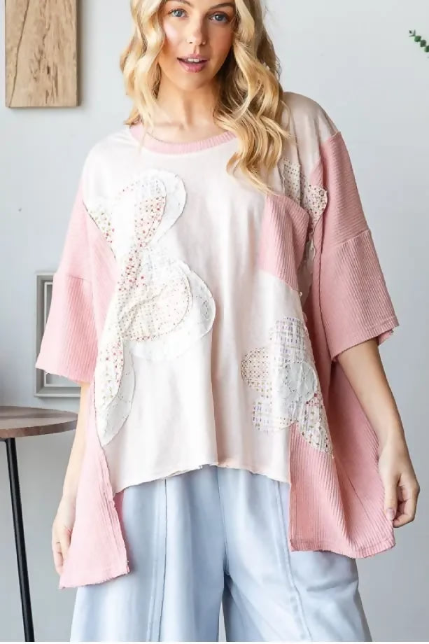 WASHED FLOWER PATCHWORK SHORT SLEEVE TOP