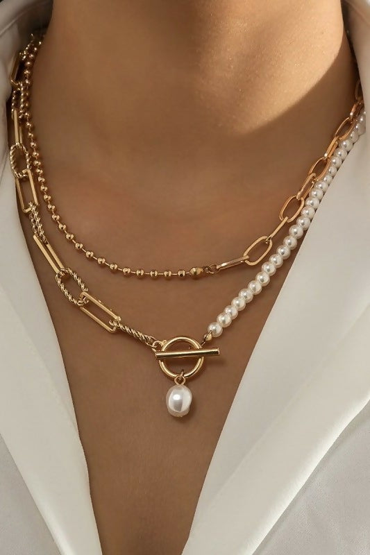 Pearl Mix Double Layer Toggle Necklace | 40NK9460