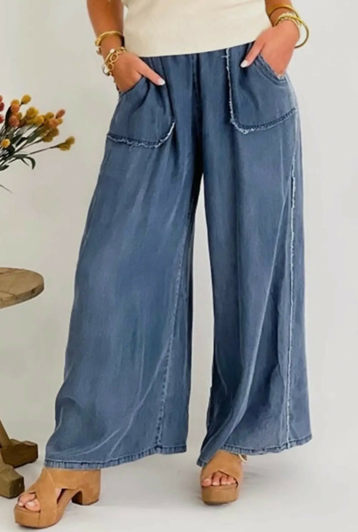 Plus Size Denim Chambray Raw Edge Pants