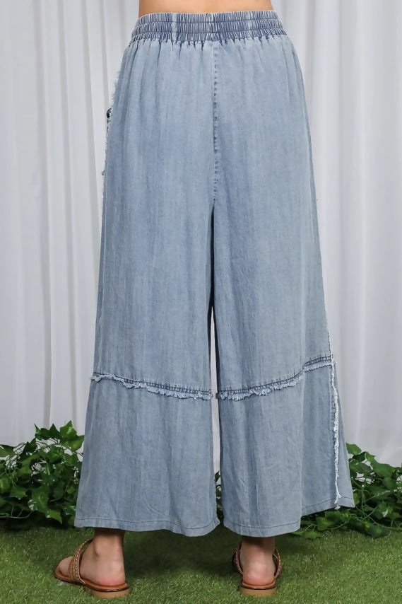Washed Denim Wide Leg Elastic Band Crop Pants VP83027