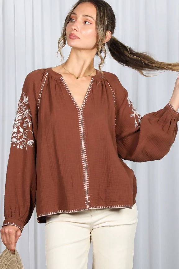 Floral Embroidered V-Neck 100%Cotton Gauze Blouse