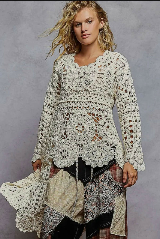 Long Sleeve Round Neck Chenille Varied Crochet Sweater Top