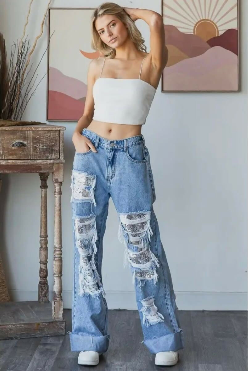 DISTRESSED DENIM WITH SEQUINS