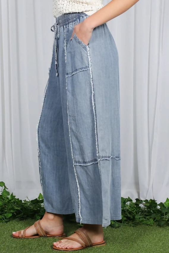 Washed Denim Wide Leg Elastic Band Crop Pants VP83027