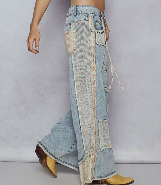 Stud Detail Woven Denim Pants