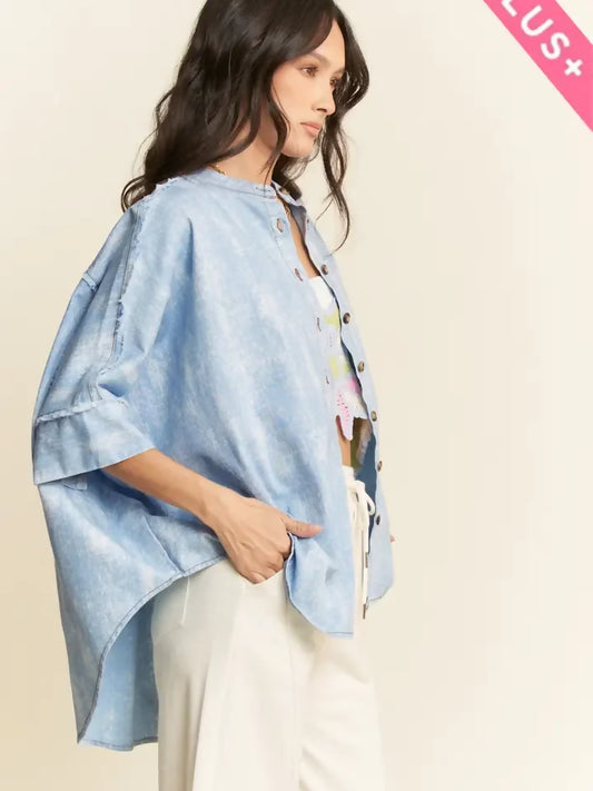 Plus Washed Denim Stand Collar Fringe Hem Shirt
