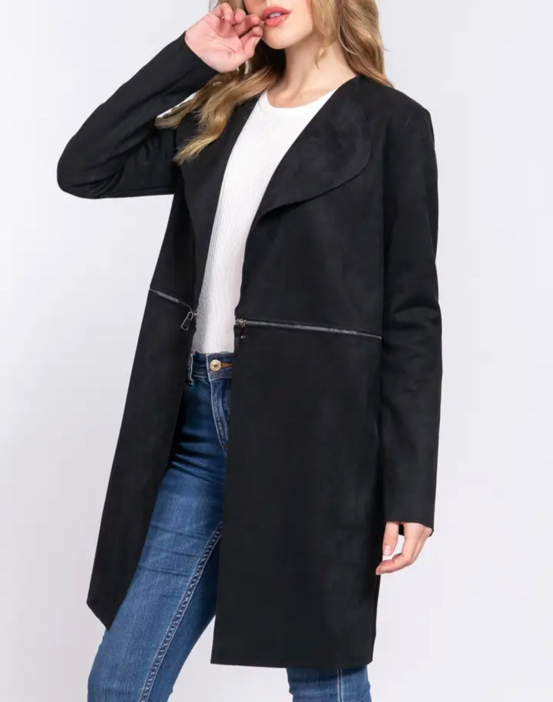 WC Two Zipper Detail Suede Long Jacket