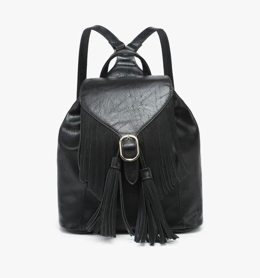Jewel Distressed Bucket Backpack w/fringe in Black