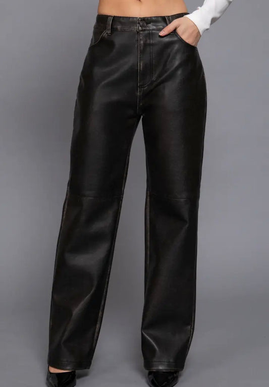 Black Washed Faux Leather Pants