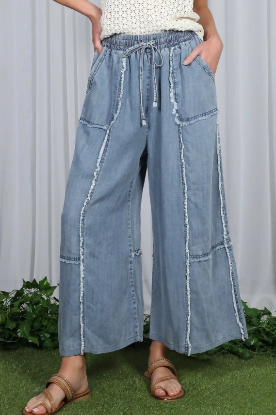 Washed Denim Wide Leg Elastic Band Crop Pants VP83027