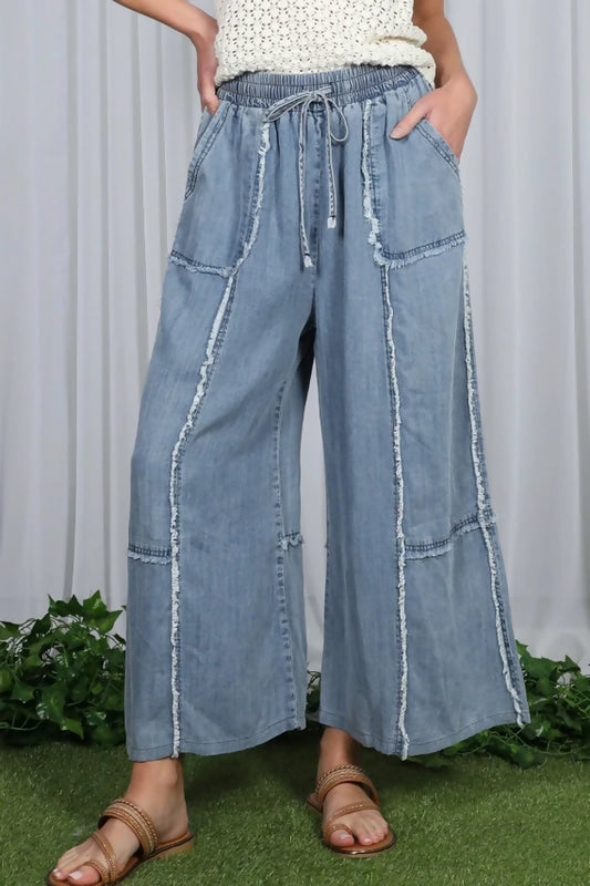 Washed Denim Wide Leg Elastic Band Crop Pants VP83027