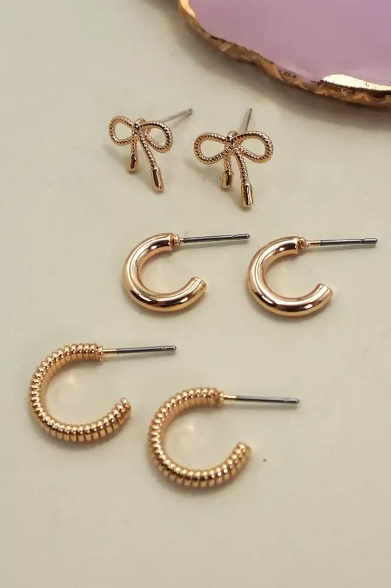 Mini Bow Huggie Hoop Trio Earrings | 80E6406